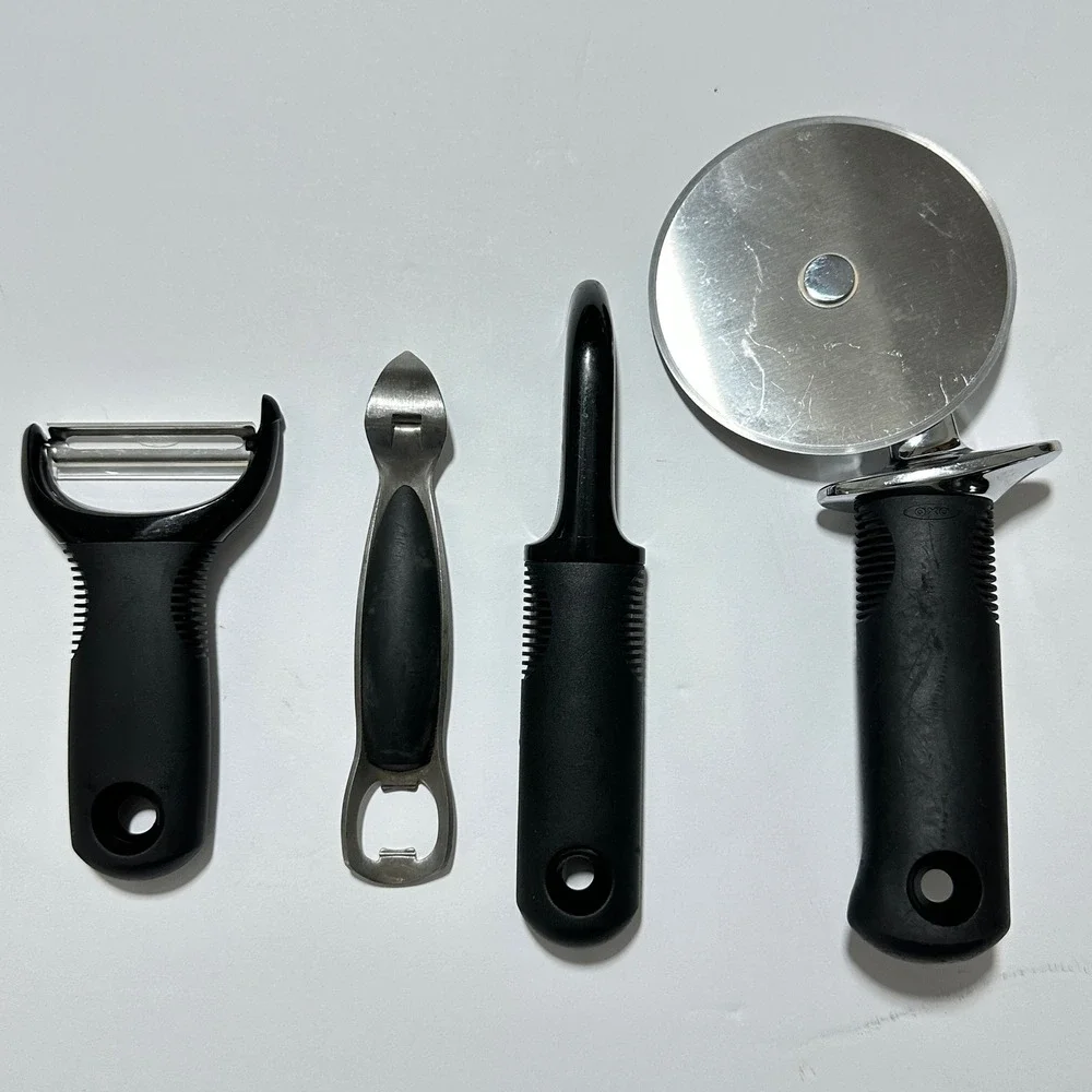 OXO Good Grips 4pc Kitchen Tools Pizza Cutter Peeler Bottle Opener Black Silver